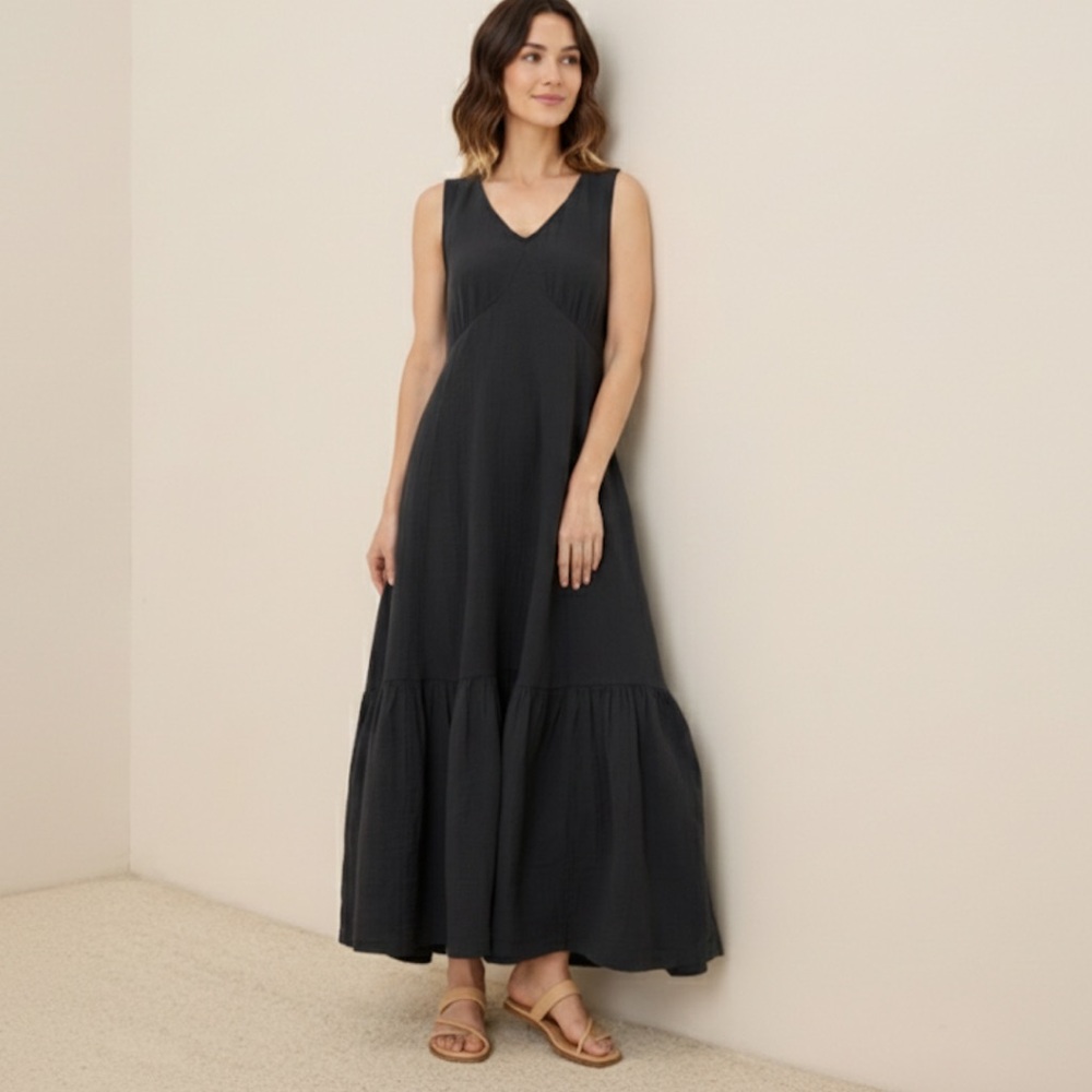 PACT Coastal Double Gauze Beach to Brunch Dress Organic cotton Black Medium